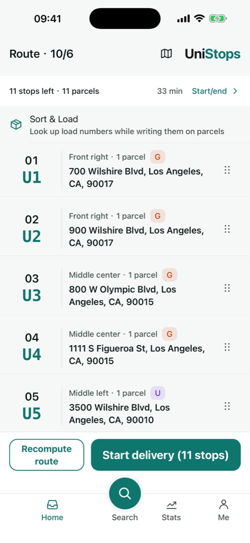 Driver route with load numbers and van zones
