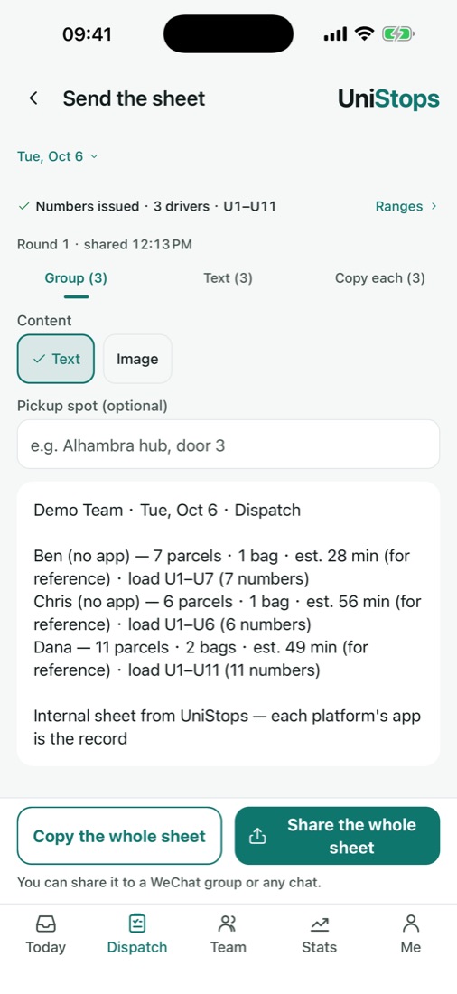 Dispatch sheet with each driver's parcel count and load number range
